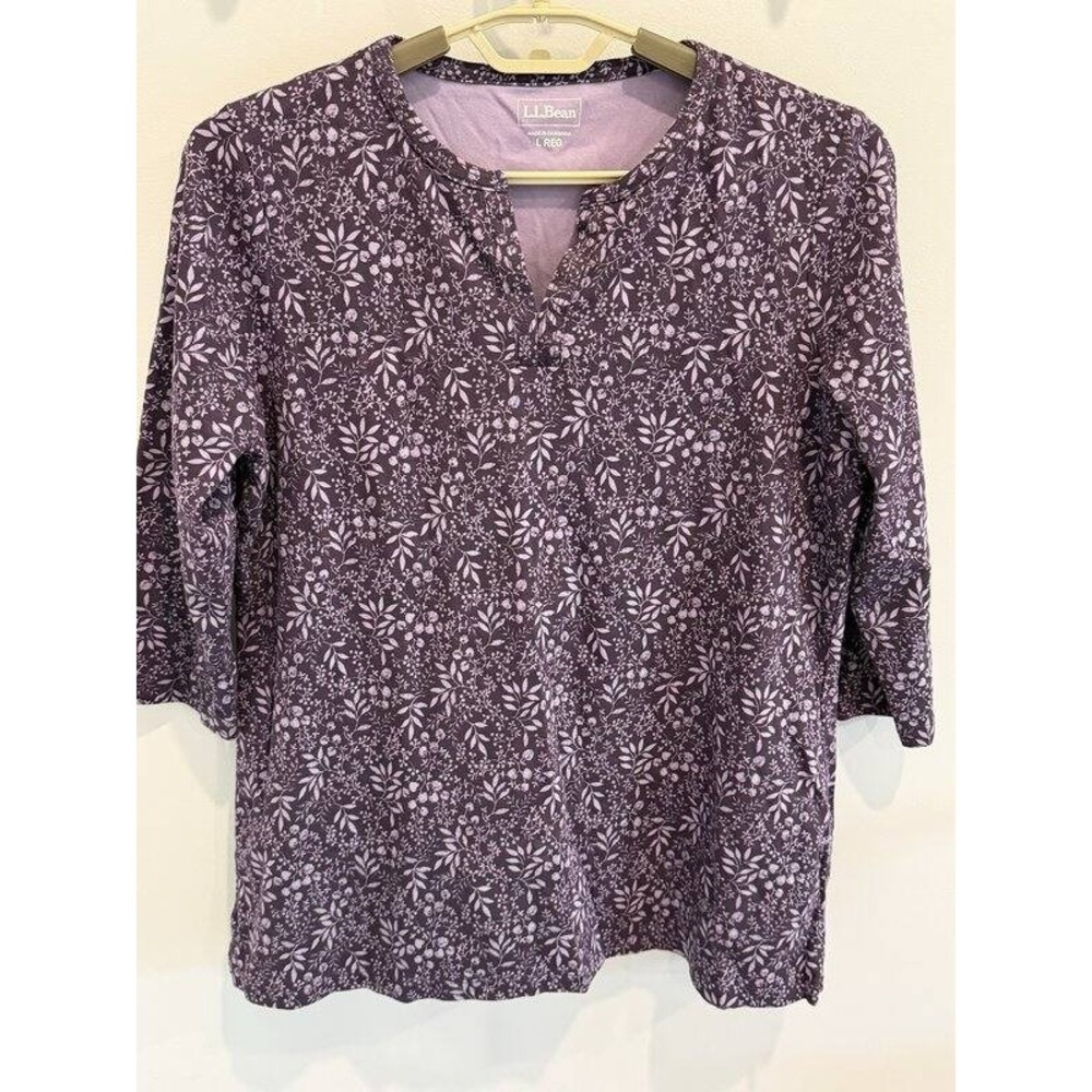 LL Bean Womens Interlock Notch Neck 3/4 Sleeve Shirt Purple Woodland Print New L
